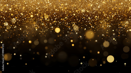  Festive vector background with gold glitter and confetti for celebration. Black background with glowing golden particles 