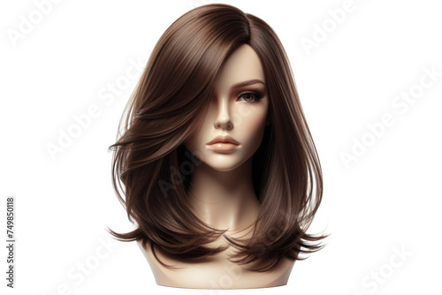 Full female brunette straight hair mannequin head isolated on white background. ai generative