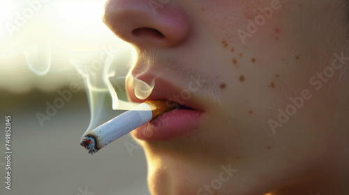 Close up of a male teenager mouth smoking a cigarette. World no tobacco day. Generative AI.