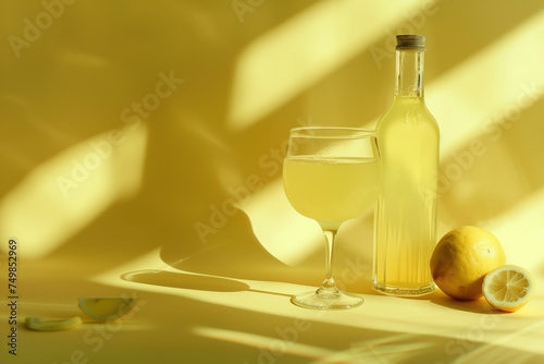 A bottle of lemonade sits next to a glass filled with the drink