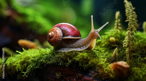 Close-up of a snail with a maroon shell on the surface of green moss in the Forest. Summer, Animals, Wildlife concepts. Horizontal photo.