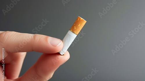 Hand refuses to accept a cigarette offer in close-up against a gray background.