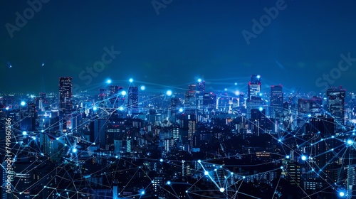 Modern city with wireless network connection and city scape concept.Wireless network and Connection technology concept with city background at night. 
