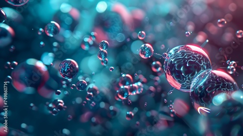 3D Art of Shiny Water Bubbles on Blue Background