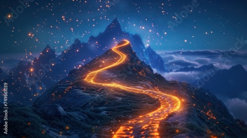 Journey to Success: A winding path leads to a mountain peak adorned with a victory flag against a starry sky. Lined with glowing motivational quotes and symbols. Digital art style.