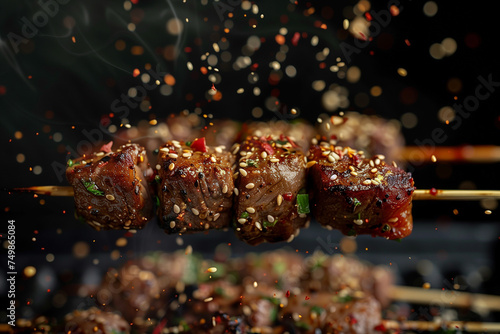 Juicy meat skewers sizzle on a flaming grill with sparks flying, capturing the essence of a Mala barbecue. Close-up of Mala skewers with a delicate sprinkle of sesame seeds.