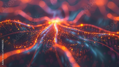 A visually striking image of dynamic digital waves composed of glowing particles.
