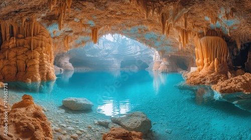  a cave filled with blue water surrounded by rocks and a cave like structure that looks like it has a cave like structure in the middle of it's walls.