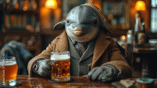  a statue of a dolphin sitting at a table with a glass of beer in front of it and a mug of beer in front of it on a table in a bar.