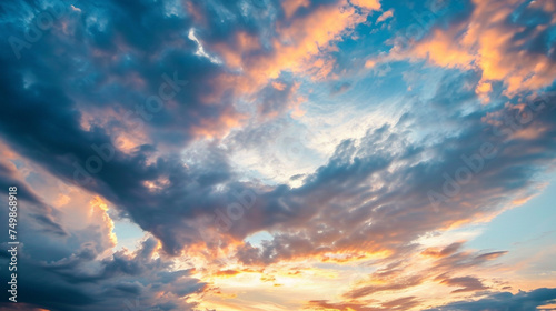 Real majestic sunrise sundown sky background with gentle colorful clouds . Generative Ai