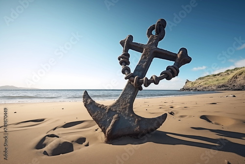 Old anchor on the sea coast, large heavy anchor. Old rusty anchor on the beach in the sand