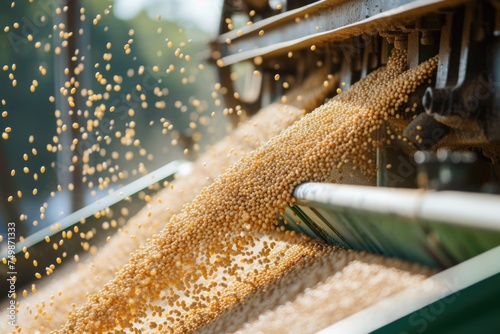 Soybeans being processed in an agricultural facility.