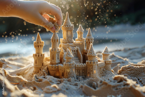 Closeup of a small hand shaping towers of a sandcastle with the sunlight casting soft shadows in the style of editorial photography