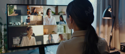 Woman in a remote work meeting with diverse colleagues on a screen.