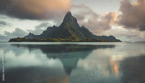 view of the mont otemanu mountain reflecting in water at sunset in bora bora french polynesia south pacific