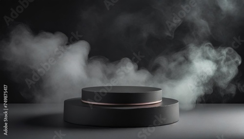 round black podium with smoke on dark background mock up for montage and products display