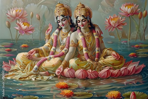 Indian god bhagwan vishnu with laxmi mata