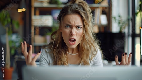 A frustrated and angry blonde woman sitting behind her laptop.