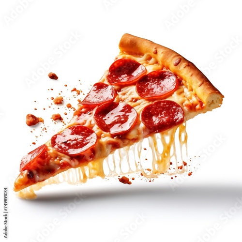 Delicious slice of pepperoni pizza flying on white background