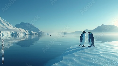 Penguins on a pristine snow landscape, a group huddled against the cold, crisp, clear day, the play of light on snow creating a serene, peaceful scene, capturing the essence of pol AI Generative