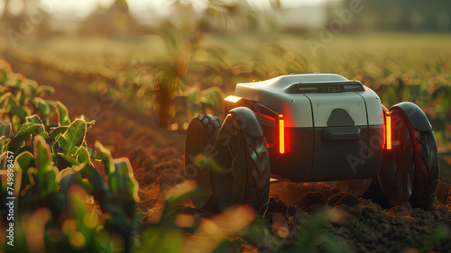 Autonomous Farm Robot Navigating Crop Rows . An autonomous robot traverses between rows of crops on a farm, utilizing cutting-edge technology to assist in agricultural production. 