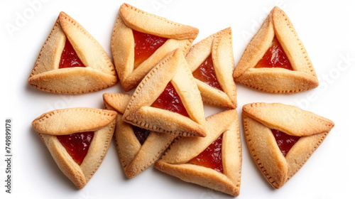 group of hamantaschen cookies filled with red fruit jam, neatly arranged on a white background. These traditional triangular pastries have a golden-brown crust and are commonly enjoyed during Jewish c