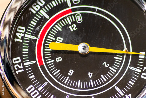 Bike air-pump with tachometer or pressure gauge shows tire pressure for manual tire inflation with manometer and pneumatic scala for bar and psi measure for bicycles and car tires to pump and inflate