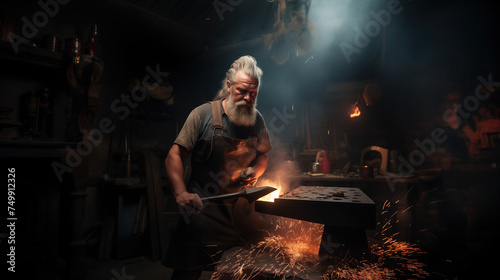 Brutal old bearded blacksmith in an apron forges product on anvil in forge
