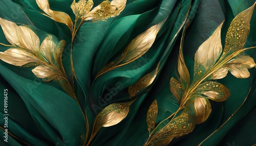 rich emerald green silk artistically laid out with scattered emerald and gold floral elements vertically oriented