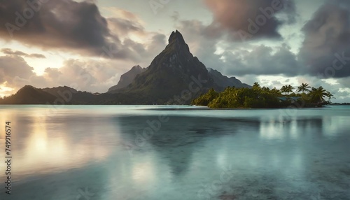 view of the mont otemanu mountain reflecting in water at sunset in bora bora french polynesia south pacific