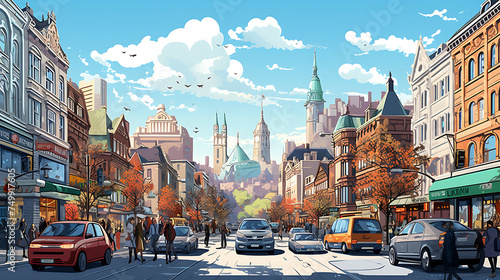 A vector image of a bustling city street.