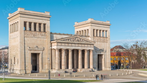 Propylaea or Propylaen timelapse from above. Monumental city gate in Konigsplatz, Munich, Germany, Europe.