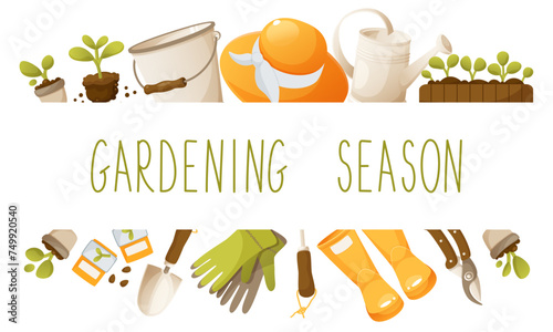 Vector design template on a garden theme, with gardening tools. With space for text in the middle. Gardening season, agricultural season. Rectangular frame template for invitations, posters, cards