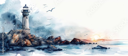 Hand drawn illustration seascape with rocks and lighthouse watercolor style. Generated AI image