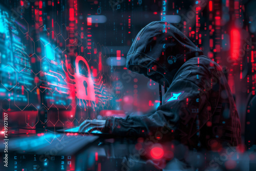 hacker and computer with a glowing cybersecurity icons and red digital background. cybersecurity and hacker concept.