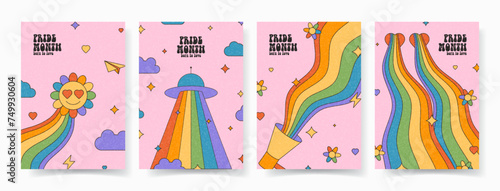 Set of groovy posters for Pride Month. Vector flyers with retro rainbow flag colored elements. Symbols of Pride Month with LGBTQ Flag Colours. Gay parade groovy celebration. Vector illustration.