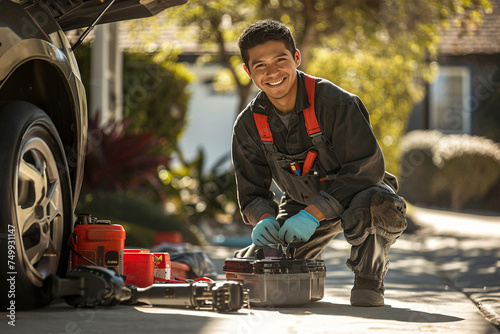 A man wearing mechanic overalls smiles while changing oil under a car on a sunny driveway, tools neatly arranged nearby.