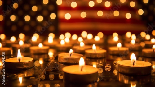 Numerous tealight candles glowing warmly with the American flag in the backdrop.