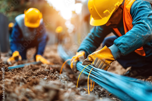 Telecommunication engineers in hard hats installing fiber optic cables underground, enhancing high-speed internet connectivity for urban areas.