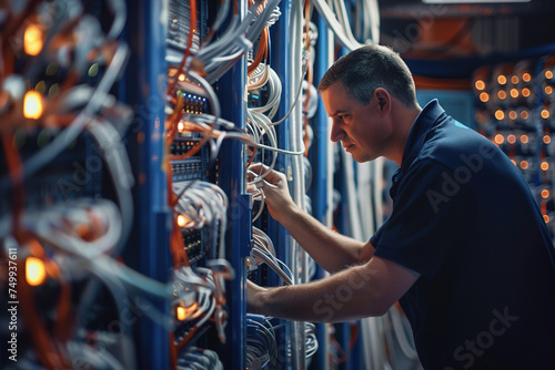 Technicians splicing fiber optic cables in a server room, ensuring reliable high-speed internet connectivity for businesses and communities.