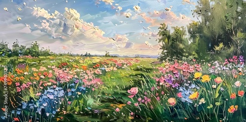 This impressionist painting captures a vibrant meadow with a multitude of colorful flowers under a sky with drifting clouds, delivering a sense of nature’s beauty