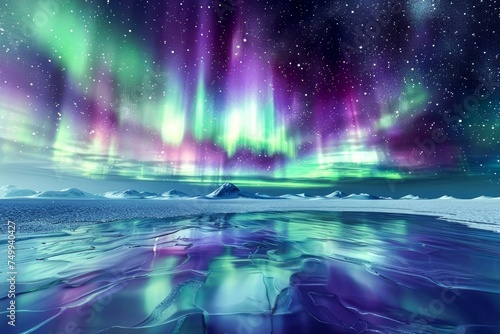 A digital representation of the Northern Lights emitting radiant purples and greens over an icy terrain, invoking wonder and the magic of natural phenomena