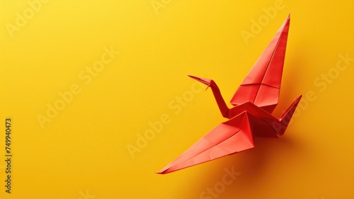 Red origami crane on a vibrant yellow background