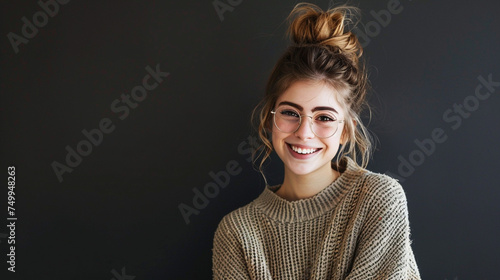 A fashionable young lady with a disheveled hairstyle, donning a warm, oversized sweater and stylish glasses, chuckles merrily against a warm, dark backdrop