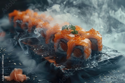sushi sashimi on black stone with smoke