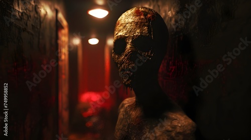 Vray Tracing Style Dark Creature Emerging from Dilapidated Hallway