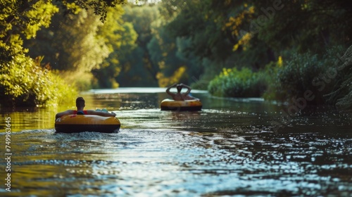 A pair of friends lazily drifting down a calm river on inner tubes, the only sound the gentle lapping of water against rubber