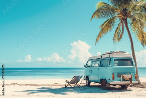 Ready for summer travel. Van and beach bed at the sea. Summer and holiday, road trip concept