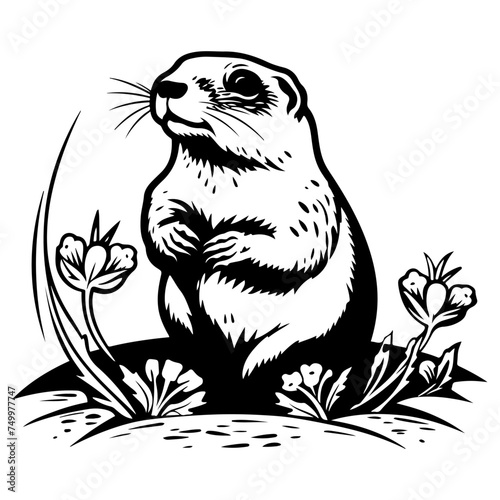 A detailed drawing of a prairie dog standing on its hind legs and looking around, black vector design against white background 