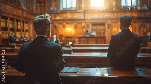 Two men in suits standing in a courtroom building